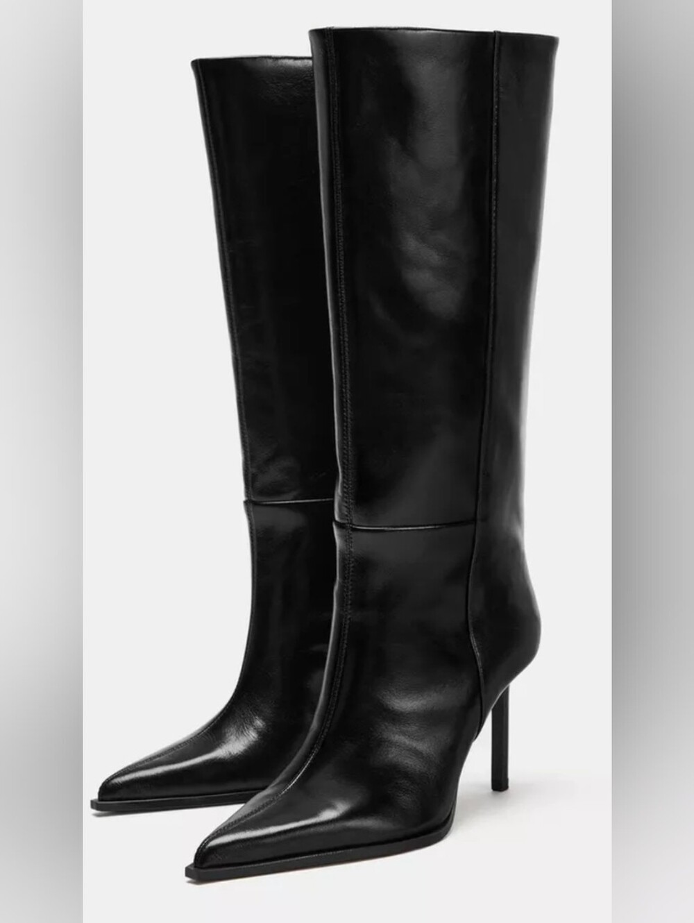 NWT Zara Women's Black Real Leather Knee High Boots - Pointed Toe Stiletto Heel